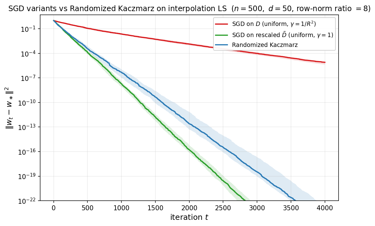 Randomized Kaczmarz vs uniform-sampling SGD on an interpolation least-squares problem